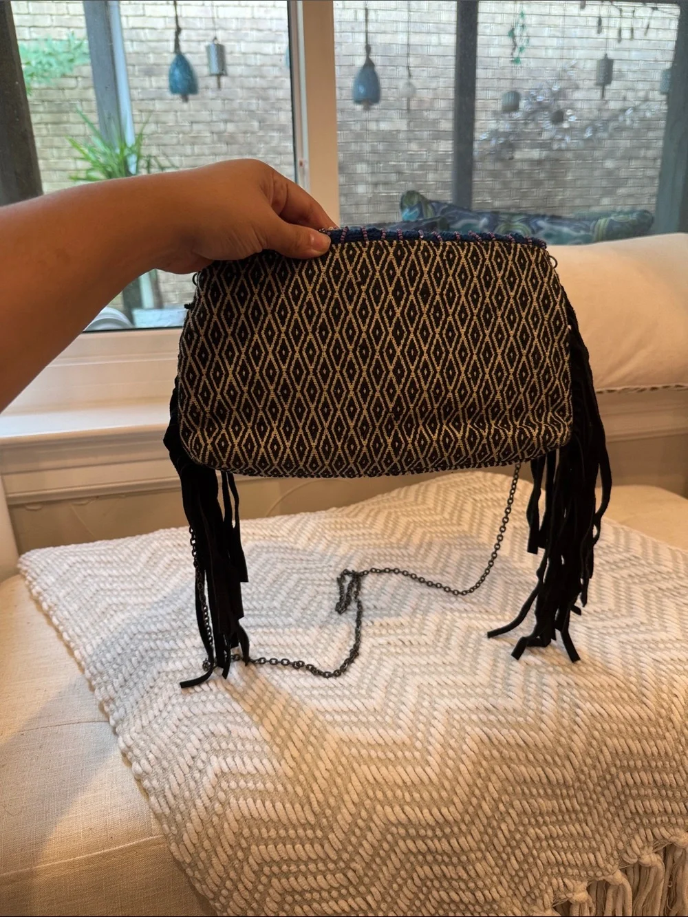 Bohemian Embroidered Fringe Crossbody Bag in Black and Multicolor